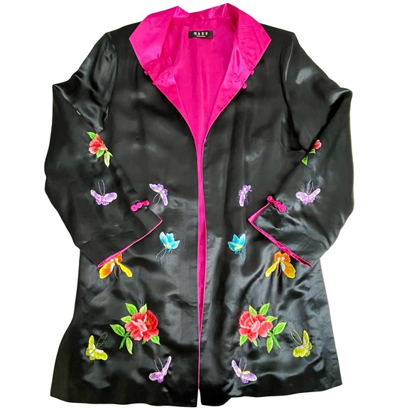 Ami Jackets & Blazers - Ami Amie Black Nature Inspired Embroidered Silky-soft Kimono Robe Jacket SzXL?